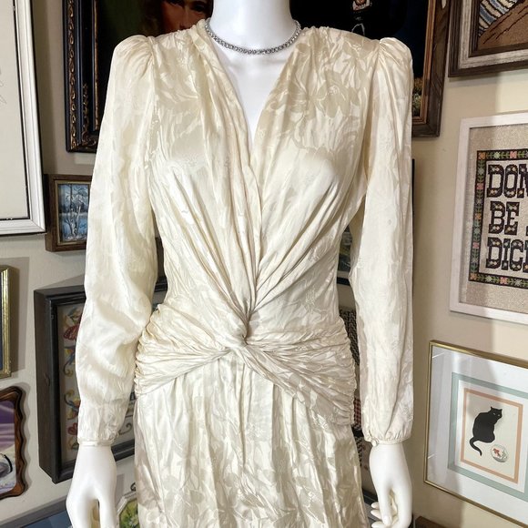 90s Vintage Adrianna Papel Floral Cream Silk Brocade Twist Front Cocktail Dress - Picture 4 of 6